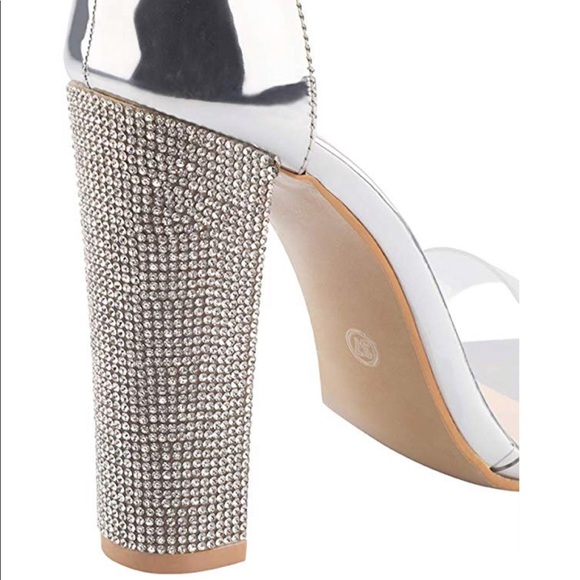 Silver Rhinestone Lace up Strap Block Heel - Picture 3 of 5